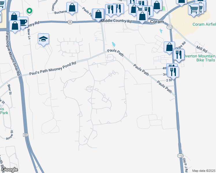 map of restaurants, bars, coffee shops, grocery stores, and more near 328 Woodland Court in Coram