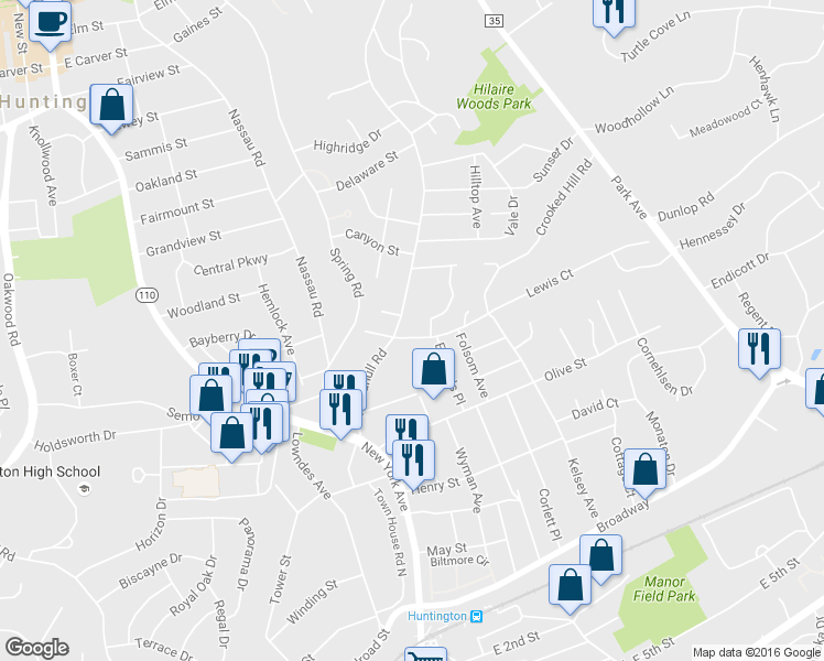 map of restaurants, bars, coffee shops, grocery stores, and more near 35 Crooked Hill Road in Huntington
