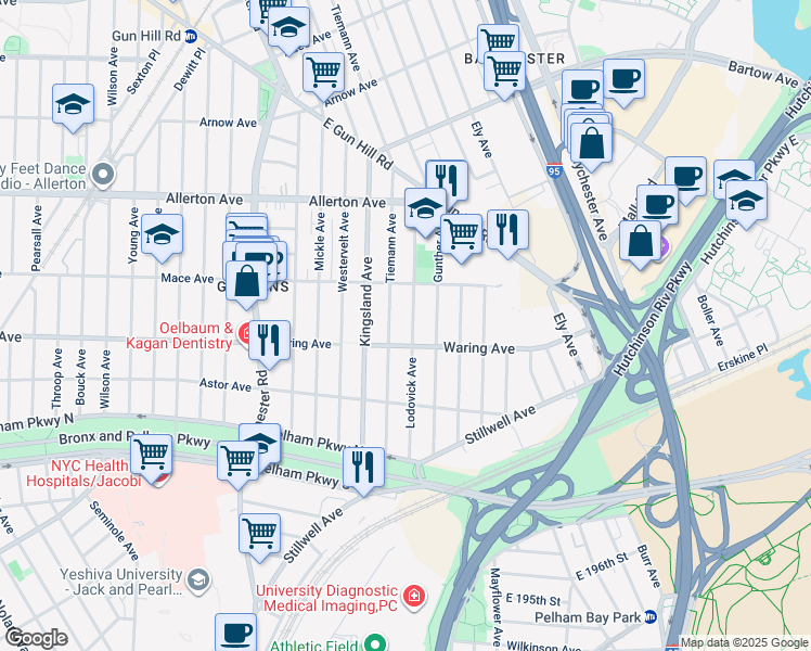 map of restaurants, bars, coffee shops, grocery stores, and more near 2418 Tiemann Avenue in Bronx