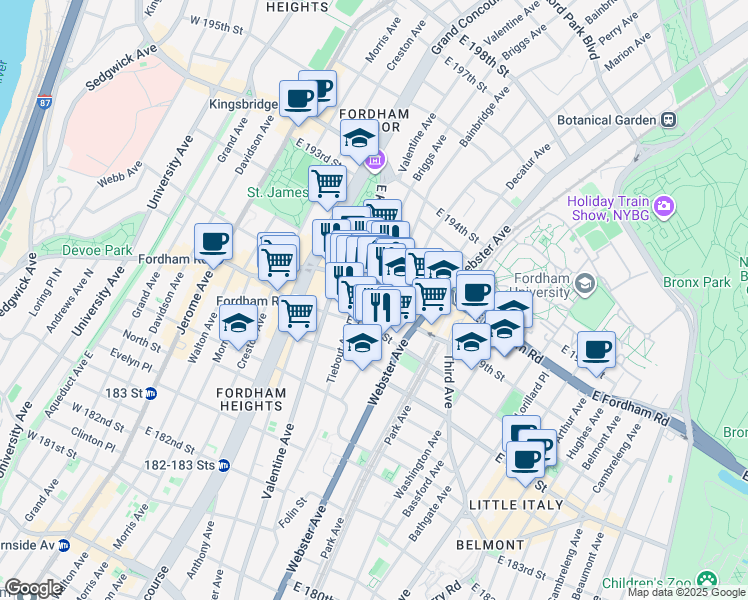 map of restaurants, bars, coffee shops, grocery stores, and more near 2485 Elm Place in Bronx