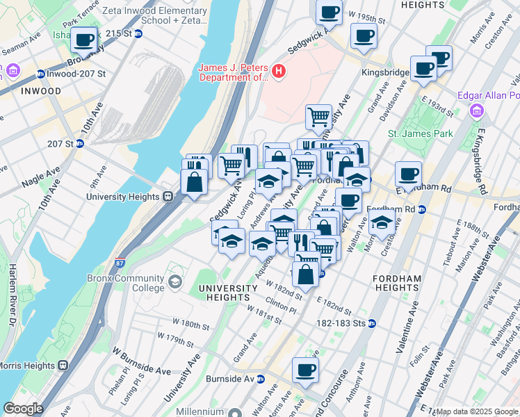 map of restaurants, bars, coffee shops, grocery stores, and more near 2300 Loring Place North in Bronx