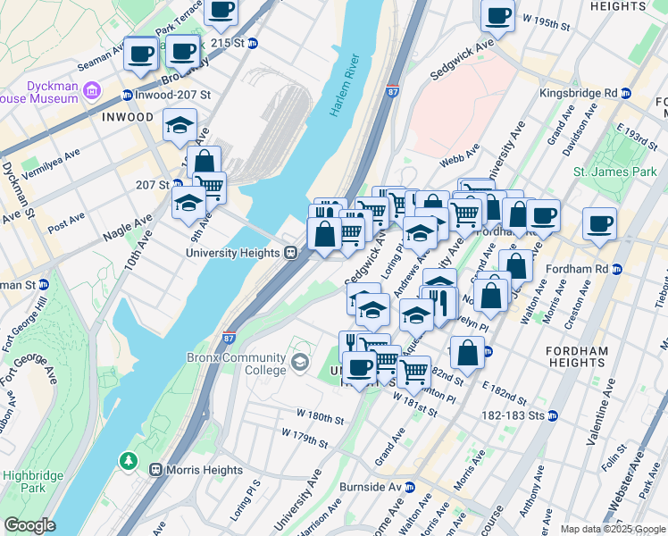map of restaurants, bars, coffee shops, grocery stores, and more near in The Bronx