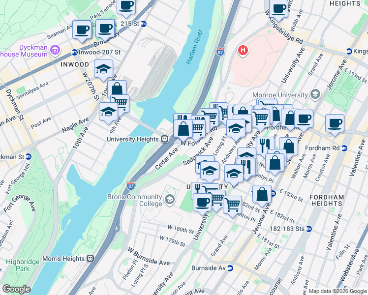 map of restaurants, bars, coffee shops, grocery stores, and more near in The Bronx