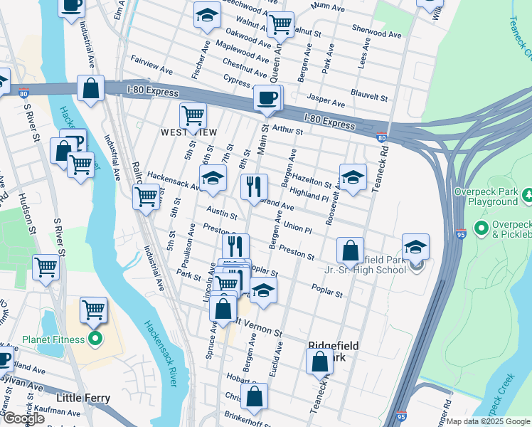 map of restaurants, bars, coffee shops, grocery stores, and more near 2 Union Place in Ridgefield Park