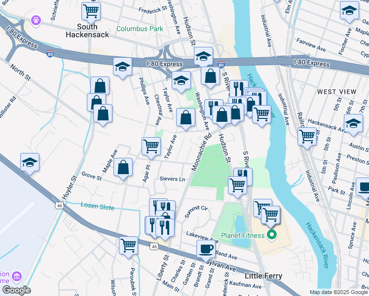 map of restaurants, bars, coffee shops, grocery stores, and more near 31 Williams Avenue in South Hackensack