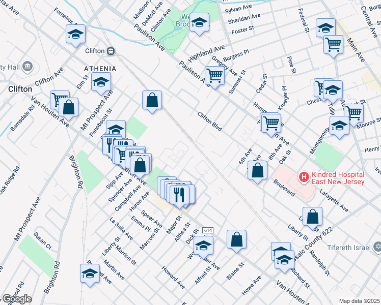 map of restaurants, bars, coffee shops, grocery stores, and more near 93 Renaissance Drive in Clifton