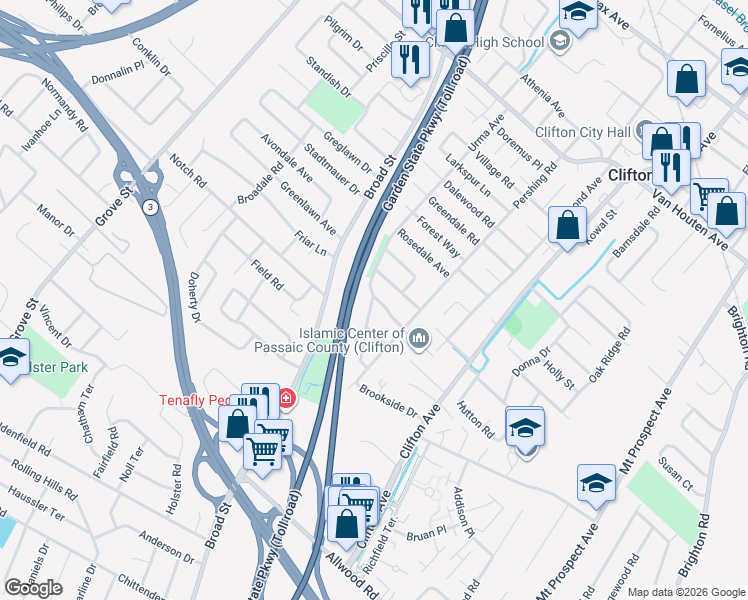 map of restaurants, bars, coffee shops, grocery stores, and more near 40 Landis Place in Clifton
