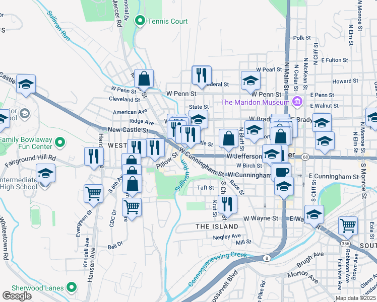 map of restaurants, bars, coffee shops, grocery stores, and more near 510 West Cunningham Street in Butler