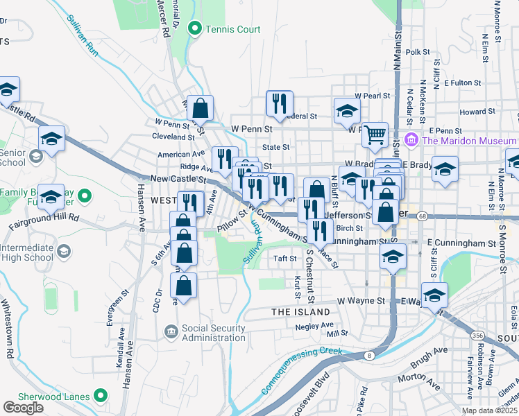 map of restaurants, bars, coffee shops, grocery stores, and more near 510 West Cunningham Street in Butler
