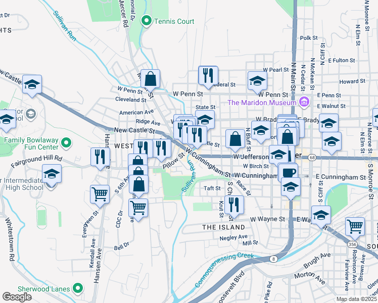 map of restaurants, bars, coffee shops, grocery stores, and more near 510 West Cunningham Street in Butler