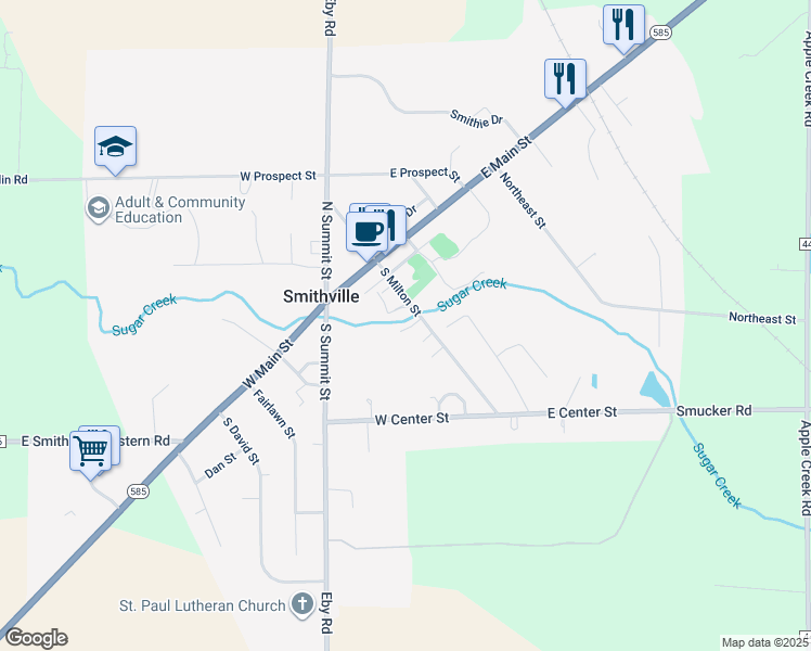 map of restaurants, bars, coffee shops, grocery stores, and more near 261 South Milton Street in Smithville