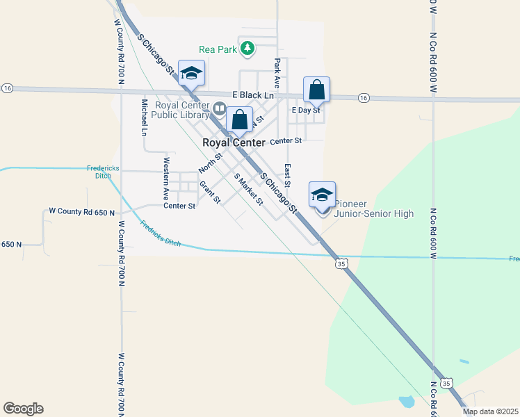 map of restaurants, bars, coffee shops, grocery stores, and more near 221 South Market Street in Royal Center