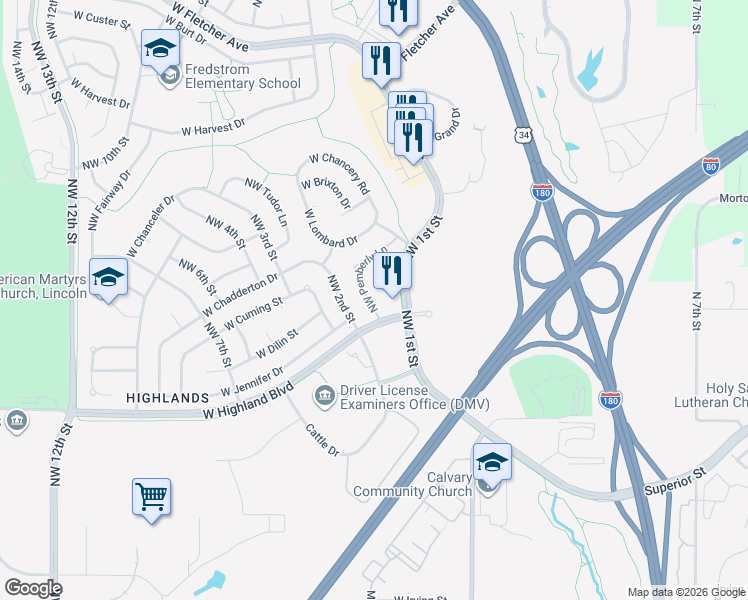 map of restaurants, bars, coffee shops, grocery stores, and more near 4840 Northwest Pemberly Lane in Lincoln