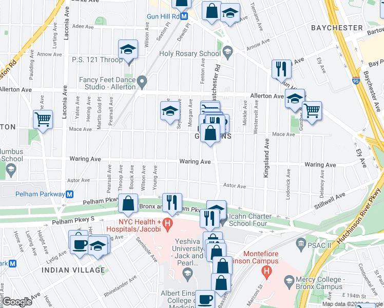 map of restaurants, bars, coffee shops, grocery stores, and more near 2414 Morgan Avenue in Bronx