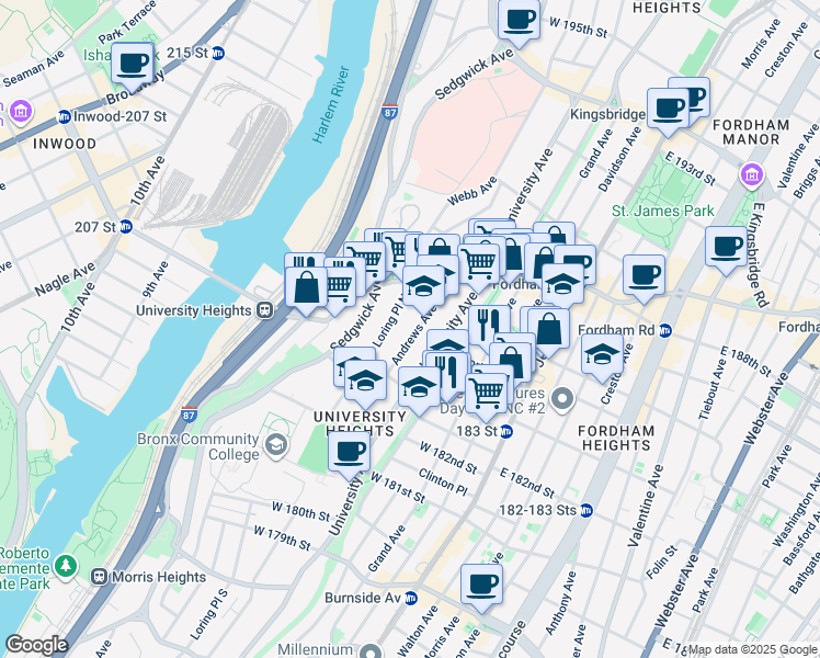 map of restaurants, bars, coffee shops, grocery stores, and more near 2299 Andrews Avenue North in Bronx