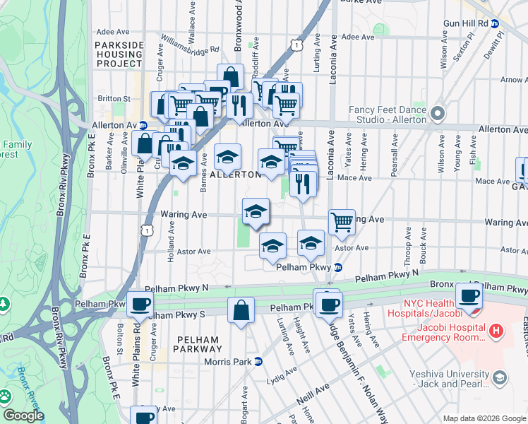 map of restaurants, bars, coffee shops, grocery stores, and more near 955 Waring Avenue in Bronx