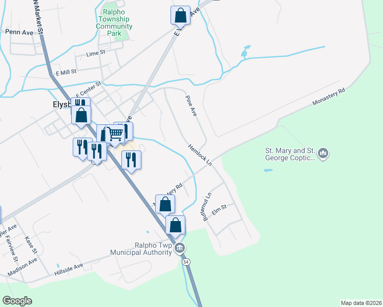 map of restaurants, bars, coffee shops, grocery stores, and more near 26 Hemlock Lane in Elysburg