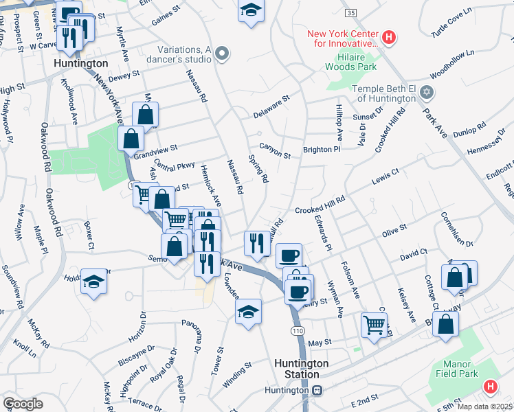 map of restaurants, bars, coffee shops, grocery stores, and more near 339 Spring Road in Huntington