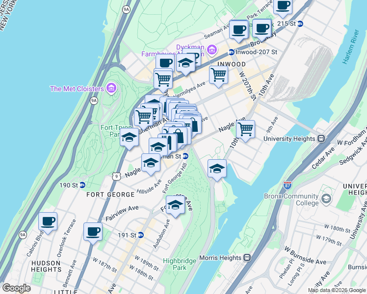 map of restaurants, bars, coffee shops, grocery stores, and more near Nagle Avenue in New York