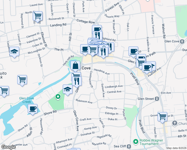 map of restaurants, bars, coffee shops, grocery stores, and more near 4 Johnson Street in Glen Cove