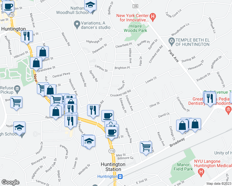 map of restaurants, bars, coffee shops, grocery stores, and more near 35 Crooked Hill Road in Huntington