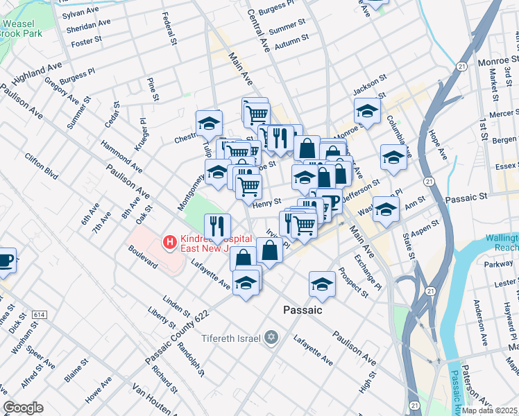map of restaurants, bars, coffee shops, grocery stores, and more near 87 Henry Street in Passaic