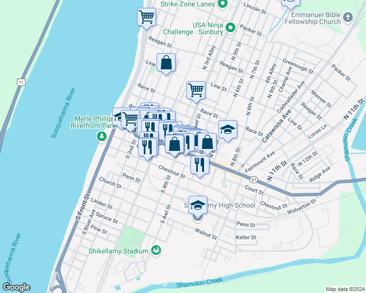 map of restaurants, bars, coffee shops, grocery stores, and more near 20 North 4th Street in Sunbury