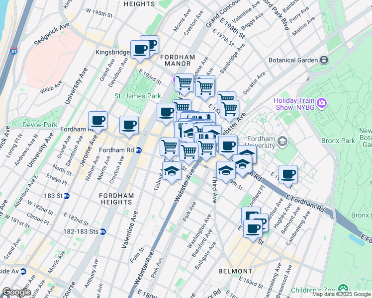 map of restaurants, bars, coffee shops, grocery stores, and more near 360 East Fordham Road in The Bronx