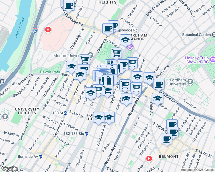map of restaurants, bars, coffee shops, grocery stores, and more near 177 East 188th Street in The Bronx