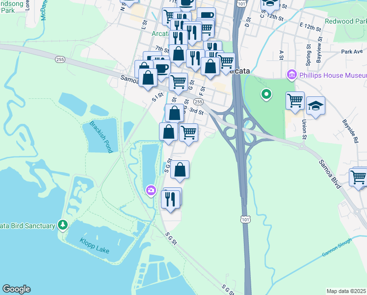 map of restaurants, bars, coffee shops, grocery stores, and more near 13f Front Street in Arcata