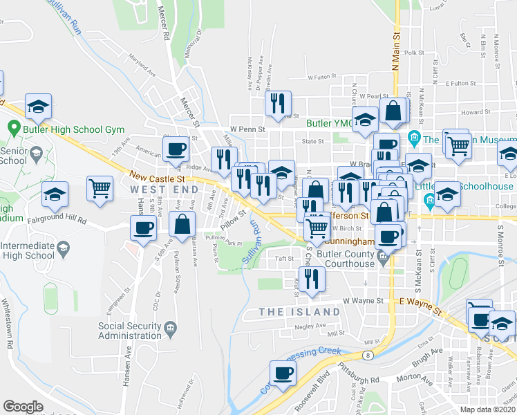 map of restaurants, bars, coffee shops, grocery stores, and more near 510 W Cunningham St in Butler