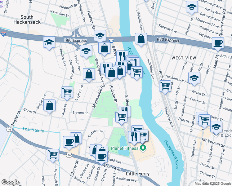 map of restaurants, bars, coffee shops, grocery stores, and more near 540 Hudson Street in Hackensack