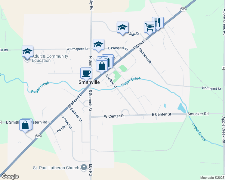 map of restaurants, bars, coffee shops, grocery stores, and more near 261 South Milton Street in Smithville