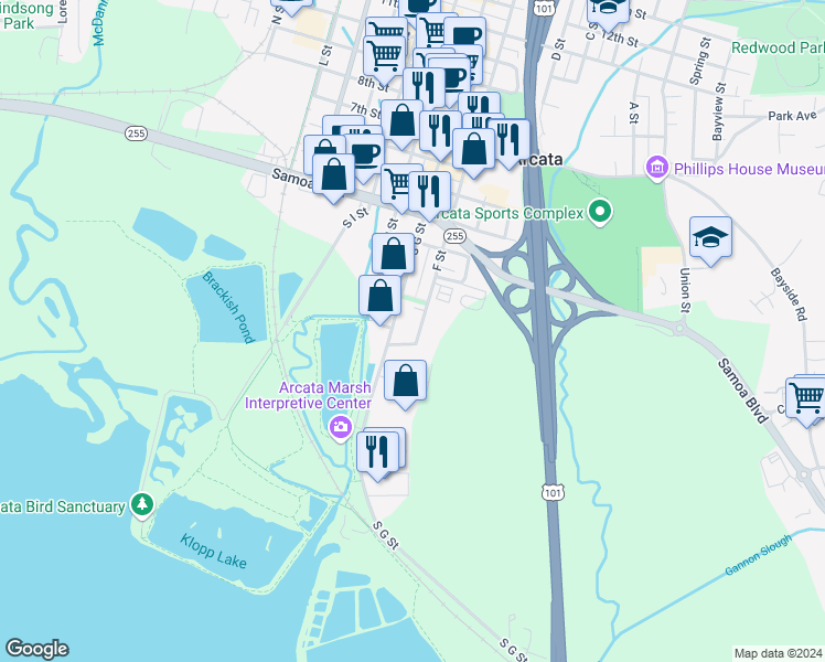 map of restaurants, bars, coffee shops, grocery stores, and more near 1 F Street in Arcata