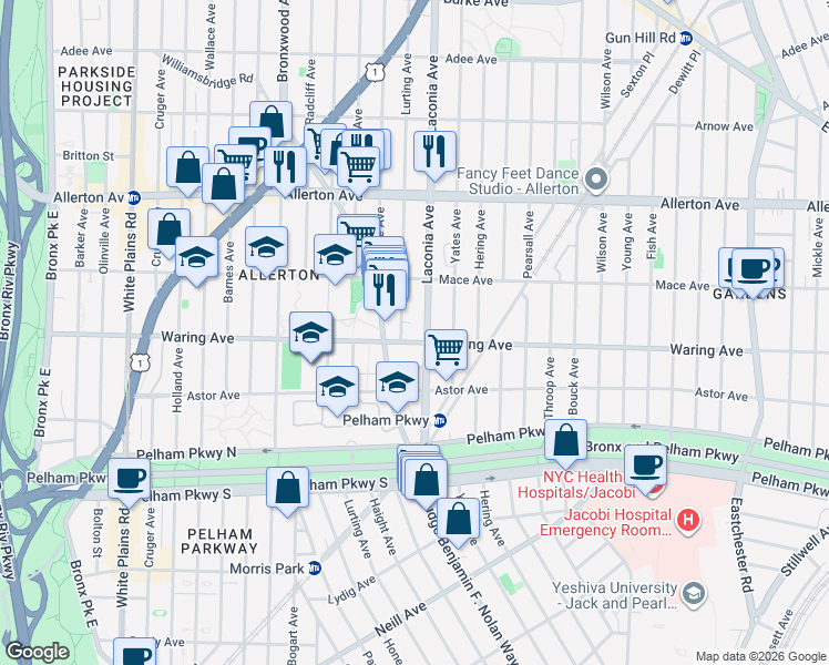 map of restaurants, bars, coffee shops, grocery stores, and more near 1061 Waring Avenue in Bronx