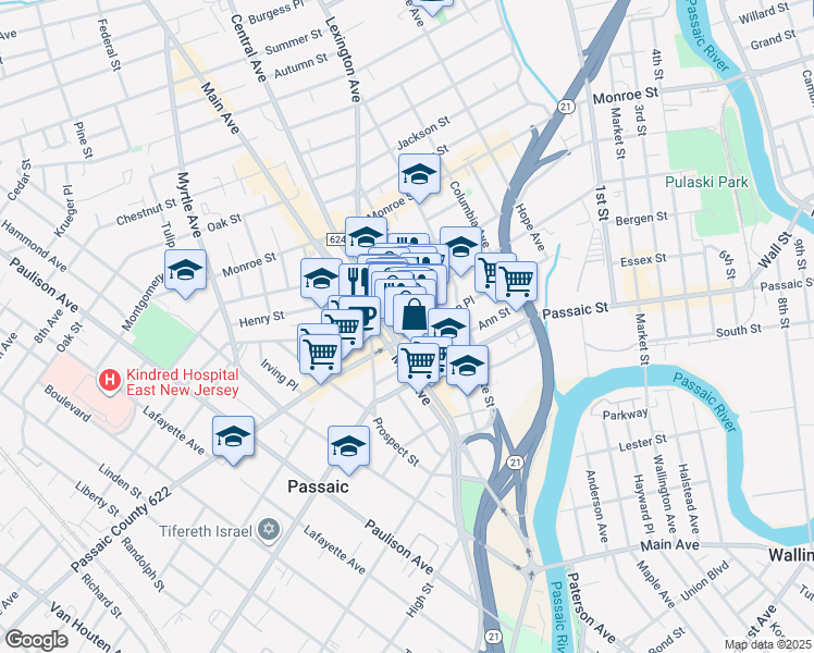 map of restaurants, bars, coffee shops, grocery stores, and more near 218 Washington Pl in Passaic