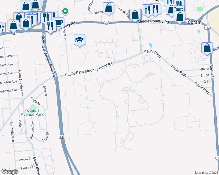 map of restaurants, bars, coffee shops, grocery stores, and more near 80 Skyline Drive in Coram