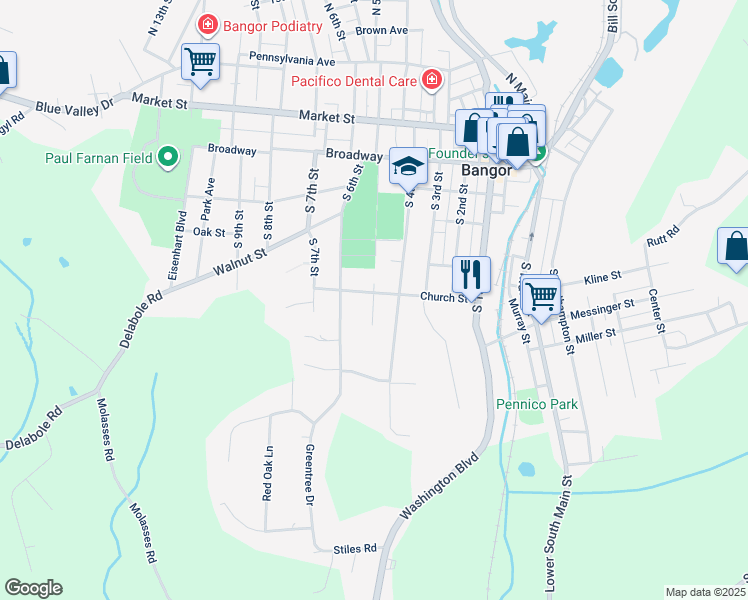 map of restaurants, bars, coffee shops, grocery stores, and more near 510 South 5th Street in Bangor