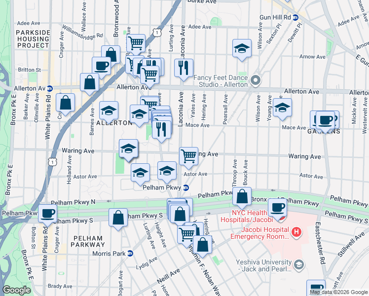 map of restaurants, bars, coffee shops, grocery stores, and more near 2406 Laconia Avenue in Bronx
