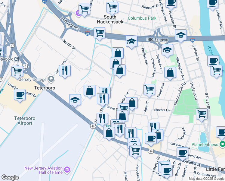 map of restaurants, bars, coffee shops, grocery stores, and more near 540 Huyler St in South Hackensack