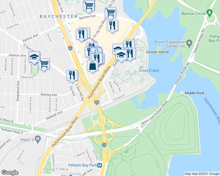 map of restaurants, bars, coffee shops, grocery stores, and more near 2305 Boller Avenue in Bronx