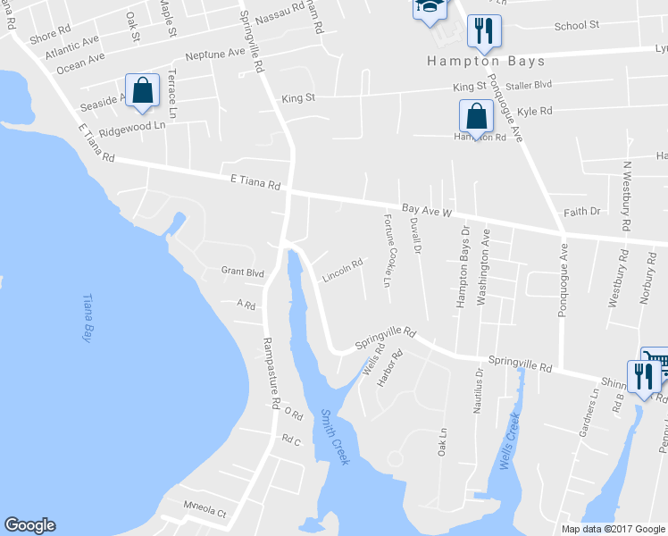 map of restaurants, bars, coffee shops, grocery stores, and more near 7 Lincoln Road in Hampton Bays