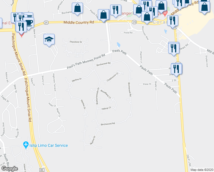 map of restaurants, bars, coffee shops, grocery stores, and more near 328 Woodland Court in Coram