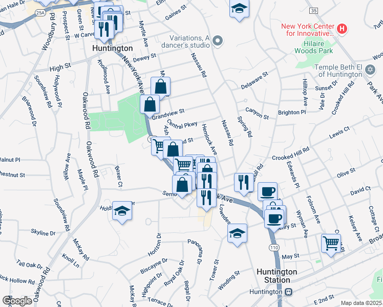 map of restaurants, bars, coffee shops, grocery stores, and more near 58 Bayberry Drive in Huntington