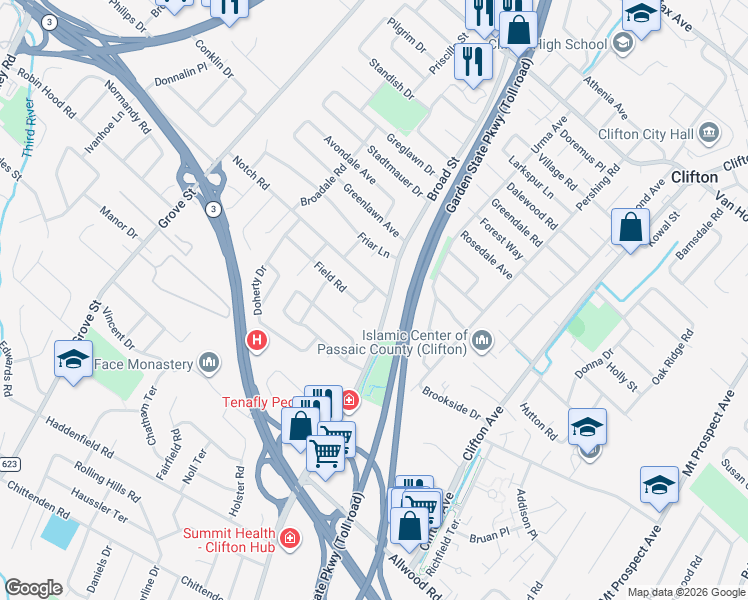 map of restaurants, bars, coffee shops, grocery stores, and more near 7 Field Road in Clifton