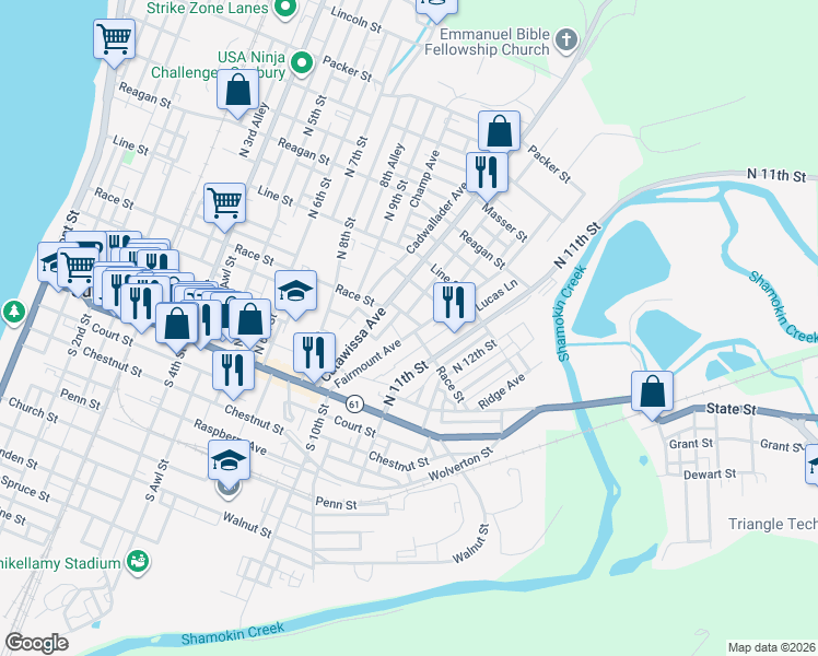 map of restaurants, bars, coffee shops, grocery stores, and more near 201-227 Fairmount Ave in Sunbury