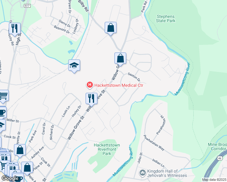 map of restaurants, bars, coffee shops, grocery stores, and more near 620 Willow Grove Street in Hackettstown