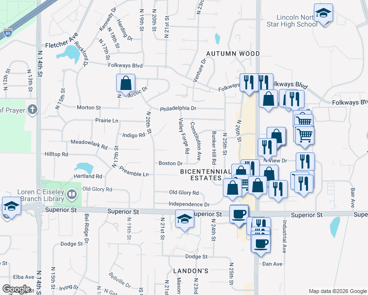map of restaurants, bars, coffee shops, grocery stores, and more near 5025 Valley Forge Road in Lincoln