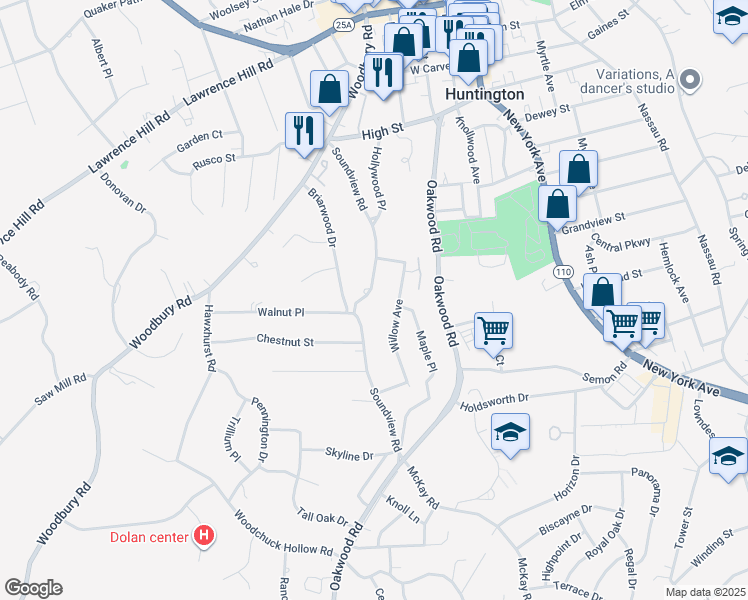 map of restaurants, bars, coffee shops, grocery stores, and more near 152 Soundview Road in Huntington