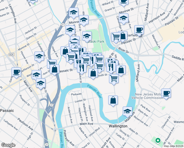 map of restaurants, bars, coffee shops, grocery stores, and more near 17 5th Street in Passaic